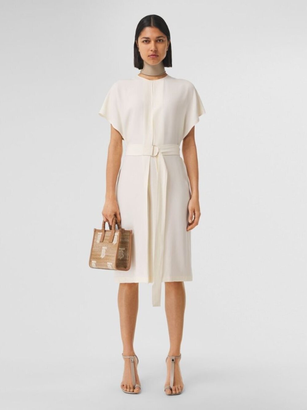 BURBERRY Eileen Ivory Viscose Crepe Belted Pleated Flutter Sleeve Dress, Size 0